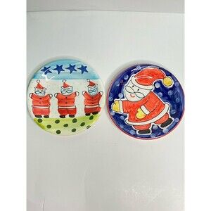 Set Of 2 LA PRIMULA Hand Painted Santa Christmas Dessert Plates 8” Made In Italy